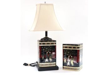 Mid-Century Chinoiserie Lamp From A Tea Tin Canister With Matching Tea Tin