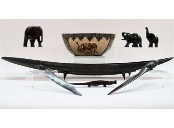 Vintage African Large Seed Pod Boat 29'L, Gourd Faux-metal Bowl, Tribal Carved Ironwood Letter Openers, Alligator And Elephants