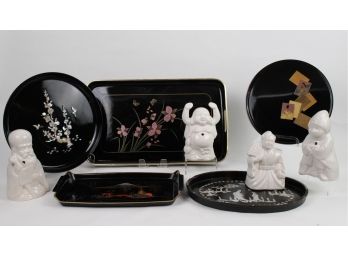 Japanese Lacquer Trays And Four Benihana Tiki Cups, One Rare (Pre-Numbering)