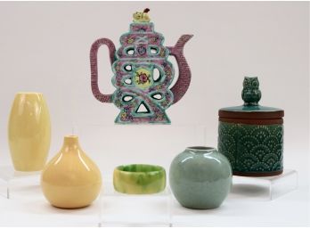 Vintage Chinese Shou-Shaped Teapot, Tea Caddy, Monochrome Yellow Vases And More