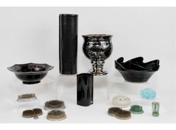Vintage Japanese Black Vases For Ikebana + Vintage Lead Frogs, Black Amethyst Sterling Overlay Bowl