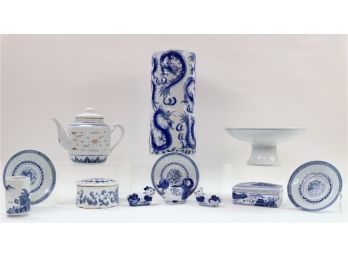 Chinese Vintage Blue And White: Dragon Vase, Rice Pattern, Pillows, Pedestal Bowl (Hand Painted, Zhongguo, Jingdezhen) And More
