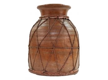 Very Large Indigenous Pottery Storage Vessel With Leather And Rope Wrap