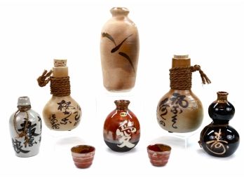 Japanese Ceramic Collection: Vintage Signed Sake Bottles And A Vase