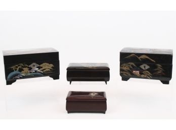 Four Vintage Japanese Lacquer Hand Painted Musical Jewelry Boxes: One With Two Mirrored Dancers