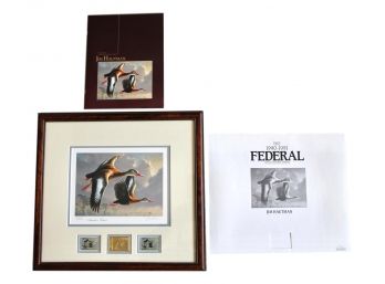 1991-1992 The Federal Duck Stamp Medallion Edition, Signed And Numbered Print, Signed Stamp, 24k Gold Plated Medallion, By Jim Houtman, Framed