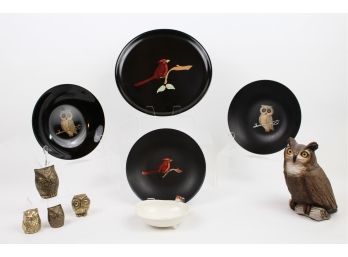 Birds: Four Mid-century Couroc Of Monterey Hand Inlaid Plates, Sandicast Original Owl, Japanese Kotobuki Dish With Owl, Four Brass Owls