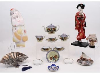 Vintage Japanese Bi Jutsu Imari, Shichifukujin, Souvenir Brass Fan, Dolls And Child’s Lusterware Tea Set