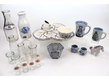 Famous Potteries And Old Bottles: M.A. Hadley And Pottery Shed Dedham Art Pottery, Individual Glass Creamers With Paper Lids, Jelly Jars, Milk Bottles