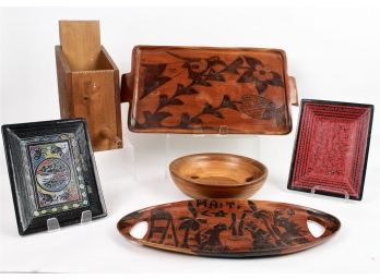 Vintage Wood: Pair Of Thai Lacquer Trays, Handmade Pieced Wooden Bowl, Solid Carved And Painted Trays From Hawaii And Haiti And A 'What Do You Think It Is' Object???