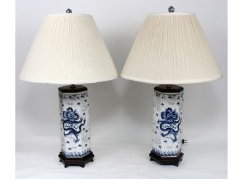 Set Of Two Vintage Blue And White Square Chinese Dragon Porcelain Lamps With Qing Dynasty Emperor Qianlong Mark
