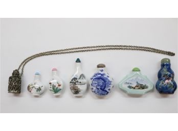 Vintage Silver-plated Perfume Bottle Pendant And Six Chinese Porcelain Snuff Bottles