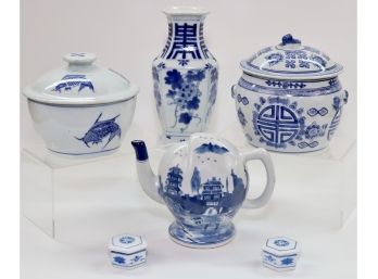 Chinese Blue And White Porcelain: Cadogan Teapot With Ming Dynasty Emperor Yongle Mark, Double Happiness Ginger Jar