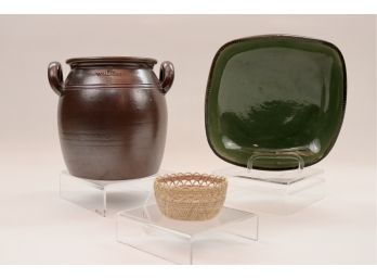 Swedish Design: Handwoven Birch Root Basket, 1968 John Andersson Signed Höganäs Keramik Bowl, Wallåkra Stoneware Crock