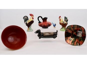 Caspari And Il Quadrifoglio Gold Leaf Bowls, Mid-Century Japanese Roosters Nippon Yoko Boeki And Relco Dog Letter Holder, Drip Glaze Red Black Art Pitcher