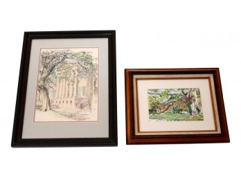 Pamela Coulter Blehert 1991 Watercolor 300-Year Old Live Oak, Clearwater FL, And Julia Howe Wilson Print Of Randolph Hall At The College Of Charleston, SC