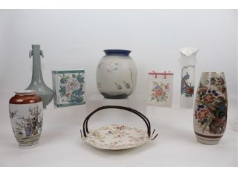 Signed Kutani Japanese Hand Painted Vases, Celadon Crackle Glaze Vase With Insect-shaped Handles And More