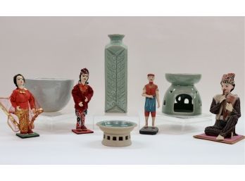 Asian Vintage/Antique Kiln Glazed Celadon Bowl, Baan Celadon Vase, Southeast Asian Figurines And More