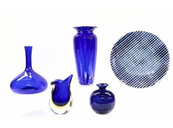 Bacci Murano Italian Art Glass Vase, Sherry Schuster Blue Plate And A Collection Of Cobalt Blue Glassware Including A