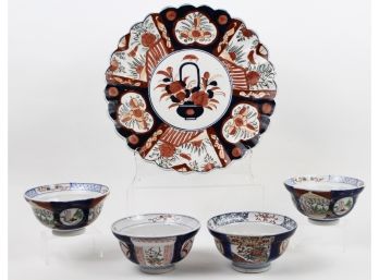 Antique Export Chinese Imari Scalloped Charger (13' Diam) And Four Bowls
