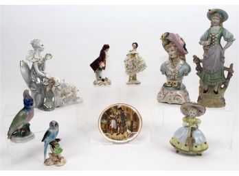Dresden Lace Seated Lady And Antique Pair Marked Volkstedt, 1906-1935 Carl Scheidig Parrot, Cordey, Enesco And More