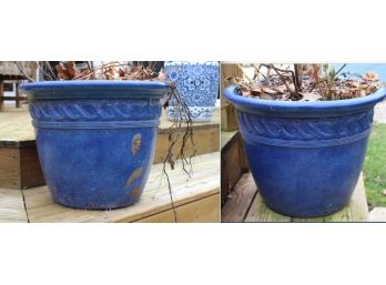 Set Of Two Large Plastic Made To Look Like Ceramic Blue Planters