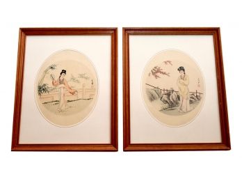 Vintage 1950's Signed Japanese Geisha Girls Hand Painted Pictures On Paper