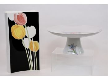 Mikasa Design By Michael Lax Art Deco Concave Vase + The Toscany Collection Japan Pedestal Cake Plate