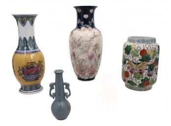Chinese Famille Verte Porcelain Container Qing Dynasty Emperor Tongzhi Mark, Monochrome Celadon Vase Dragon Handles Made In China, Over 12' Tall Vases: Yellow Ground Zhongguo Zhi Zao And Unmarked