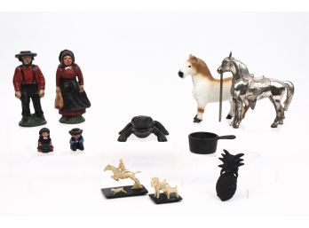 Miniature Toys: Celluloid Foxhunt And Dogs, Occupied Japan Silver Plated Horse, Cast Iron Amish Family, Frog Box And Pot, And Coco Joes Hawaii Pineapple