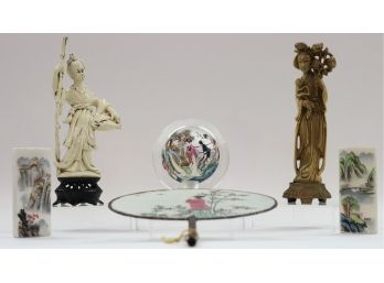 Chinese Vintage Hand Painted Signed Reverse Painted Glass Display Globe, Rigid Hand Fan, White Marble Paperweights And Faux Ivory Figurines