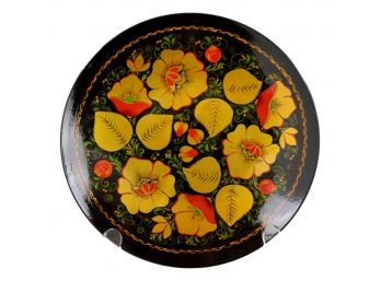 Factory Lipetsk Russian Lacquered Wooden Floral Hand Painted Plate
