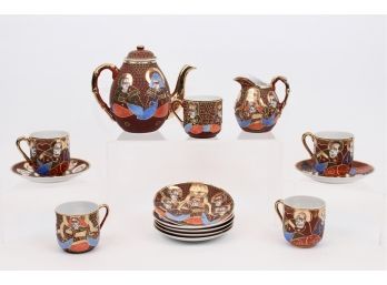 Japanese Satsuma Enameled Gilded Tea Set Featuring Kannon (Goddess Of Mercy) And Up To Four Arhat