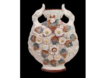 Antique English Majolica Moon Flask Vase With Lizard Handles