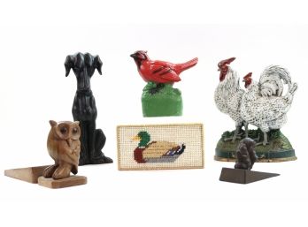 Vintage Doorstops: Cast Iron Dalmatian, Rooster And Chicken, And Squirrel; Cement Cardinal; Wooden Owl; And Duck Needlepoint Brick