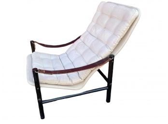 Mid Century Modern MCM Design Lounge Chair With Leather Strap Arms