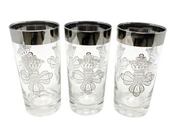 Set Of 3 Vintage Highball Glasses With Silver Pattern