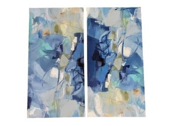 Pair Of Two Abstract Blue Art Prints On Canvas