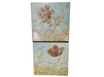 Pair Of Two Floral Art Prints On Canvas With Gold Accents