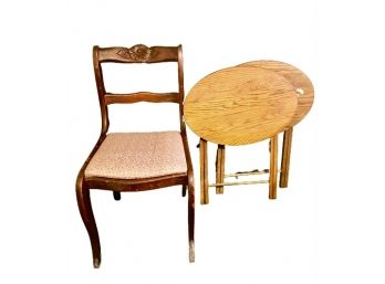 Vintage Upholstered Wood Dining Chair & Two Folding TV Tables