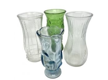 Lot Of Four Assorted Glass Vases- Green, Blue & Clear