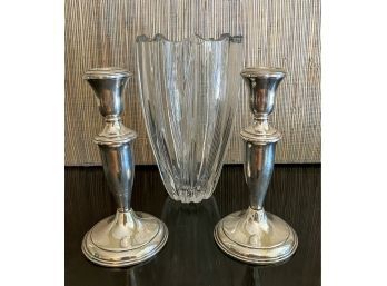 Weighted Sterling Silver Candlestick With Deco Style Glass Vase