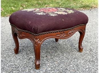 A Vintage Footstool With Needlepoint Cushion And Nailhead Trim