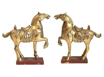 A Pair Of Antique Carved And Gilt Wood Horse Statues