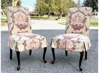 A Pair Of Wood Side Chairs In Fine Toile Slipcovers