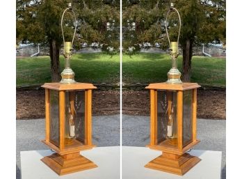 A Pair Of Wood Lantern Form Lamps