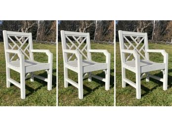 A Trio Of Vintage Painted Teak Chinese Chippendale Style Outdoor Chairs