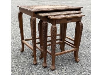 A Trio Of Antique Carved Exotic Hardwood Indian Nesting Tables