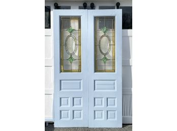 A Pair Of 19th Century Hard Wood French Doors With Stained Glass Lites