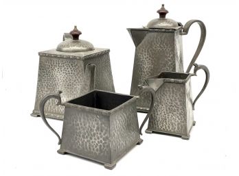 An Antique English Hammered Watrestone Pewter Tea Set